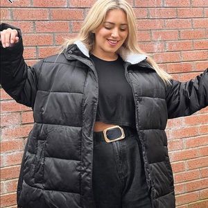 ASOS Curve Sateen Belted Puffer Jacket with Shearling Collar